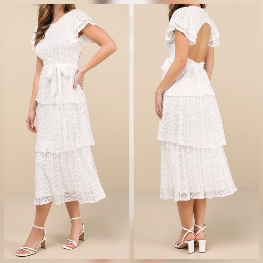 Lulus Whimsical Spirit Ivory Lace Tiered Backless Midi Dress, Size Large